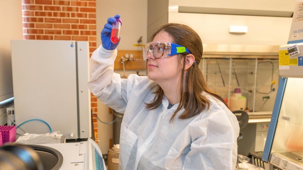 meagan mckee examines a test tube in dany munoz-pinto's lab