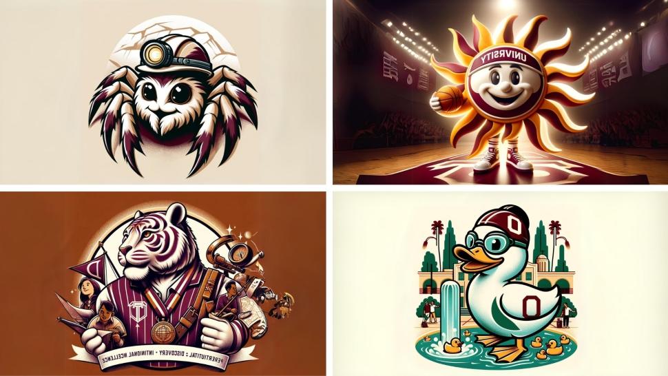 a collage of four ai-generated alternate 澳门金沙线上赌博官网 mascots, fromt left to right: a sun, 蜘蛛, 鸭, 和老虎.